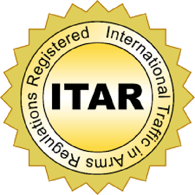 A gold circular seal with the text 'International Traffic in Arms Regulations Registered' encircling the bold letters 'ITAR' in the center.